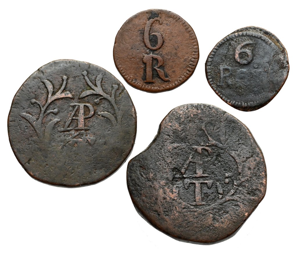 葡属印度. D. Maria & D. Pedro III (1777-1786)- D. Miguel I. GOA 6 Reis + 1/2 Tanga + 1 Tanga 1770/1834 (4 coins) #1.0