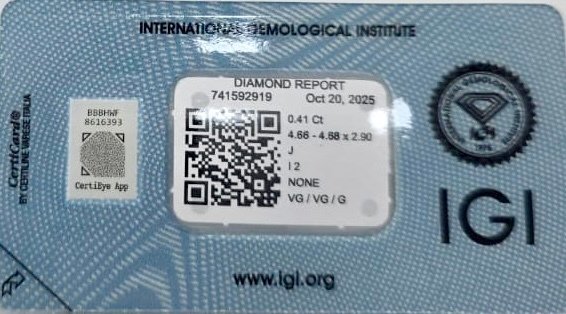 没有保留价 - 1 pcs 钻石  (天然)  - 0.41 ct - 圆形 - J - I2 内含二级 - 国际宝石研究院（IGI） #3.2