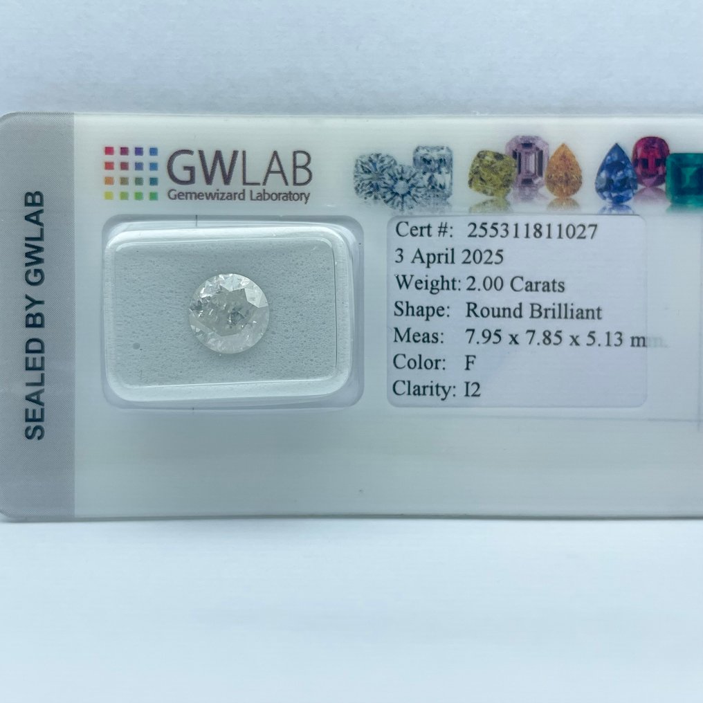 No Reserve Price - 1 pcs Diamond  (Natural)  - 2.00 ct - Round - F - I2 - Gemewizard Gemological Laboratory (GWLab) #3.2