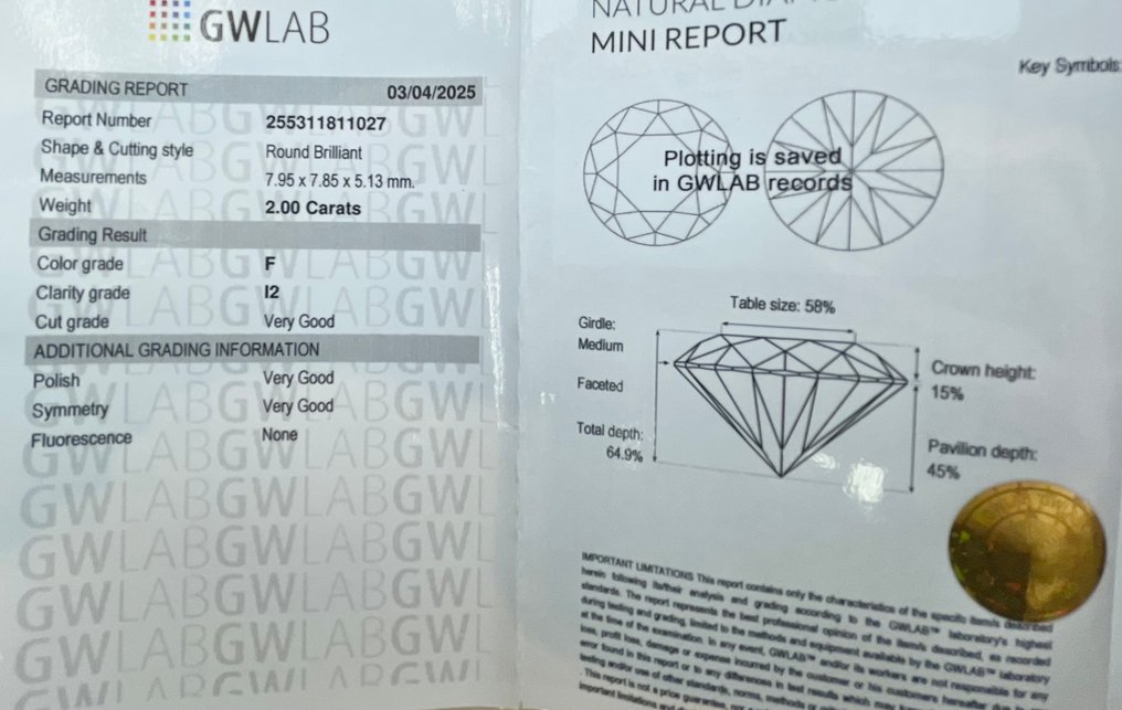 No Reserve Price - 1 pcs Diamond  (Natural)  - 2.00 ct - Round - F - I2 - Gemewizard Gemological Laboratory (GWLab) #2.1