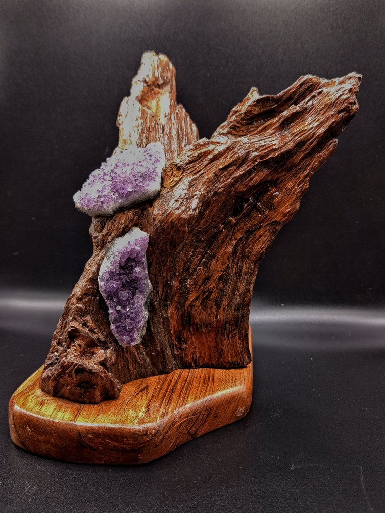 PEZZO UNICO "ALI DI CRISTALLO" - 手工雕刻胡桃木雕塑,配巴西紫水晶,高度 - 高度: 240 mm - 闊度: 130 mm- 1038 g - (1) #3.2