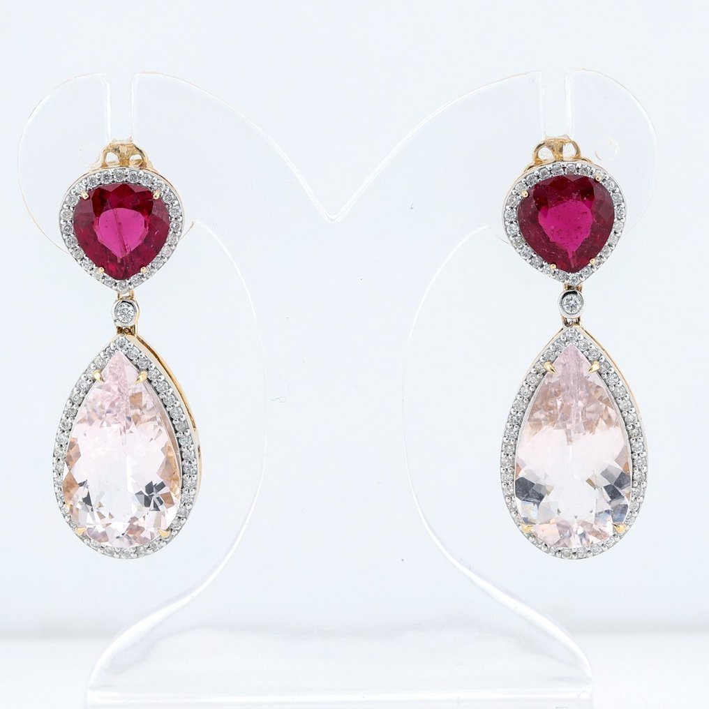 Boucles d'oreilles - 14 carats Or jaune - 18.28ct. tw. Morganite - Tourmaline - Certificat IGI #1.0