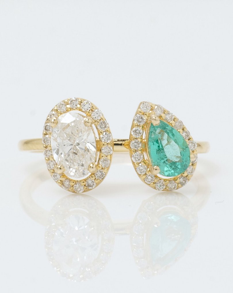 Statement δαχτυλίδι - 14 καράτια Κίτρινο χρυσό -  1.05ct. tw. Διαμάντι (Φυσικό) - Σμαράγδι - Δαχτυλίδι Νυφικού Πολύτιμου Λίθου #1.0