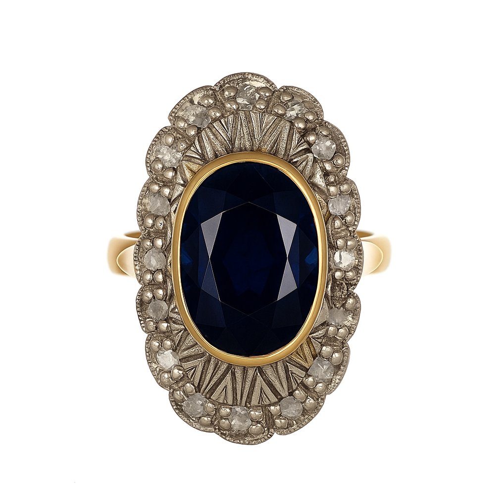 戒指 - 14 克拉 黃金, 銀 -  8.64ct. tw. 藍寶石 - 鉆石 #1.0