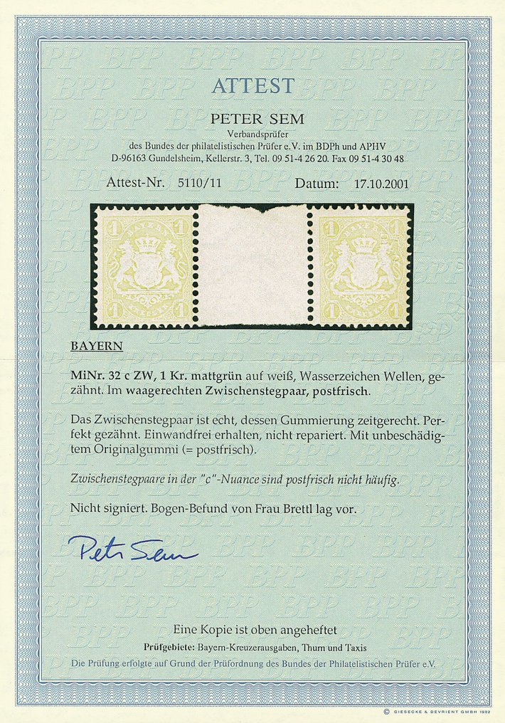 巴伐利亚 1875 - 克鲁泽武器徽章，带中间面板，C色调，配有完美的照片证书，Sem - Michel 32c ZW #4.3