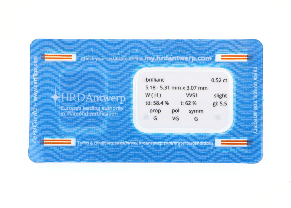 1 pcs Διαμάντι (Φυσικό) - 0.52 ct - Στρογγυλό - H - VVS1 - HRD Αμβέρσας #1.0