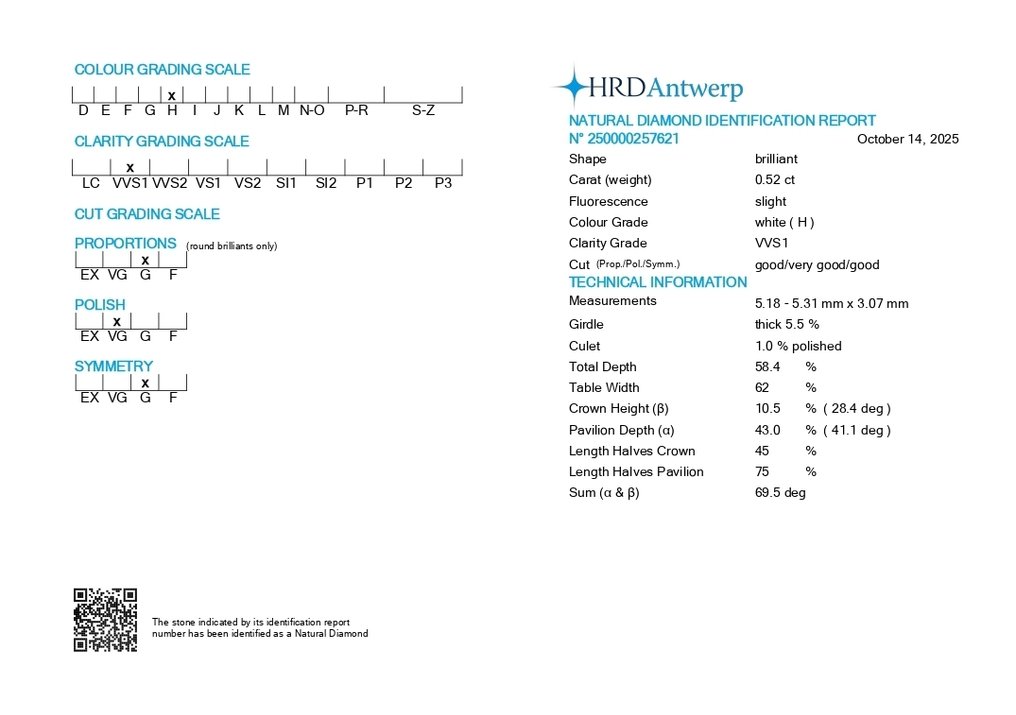 1 pcs Διαμάντι (Φυσικό) - 0.52 ct - Στρογγυλό - H - VVS1 - HRD Αμβέρσας #2.1