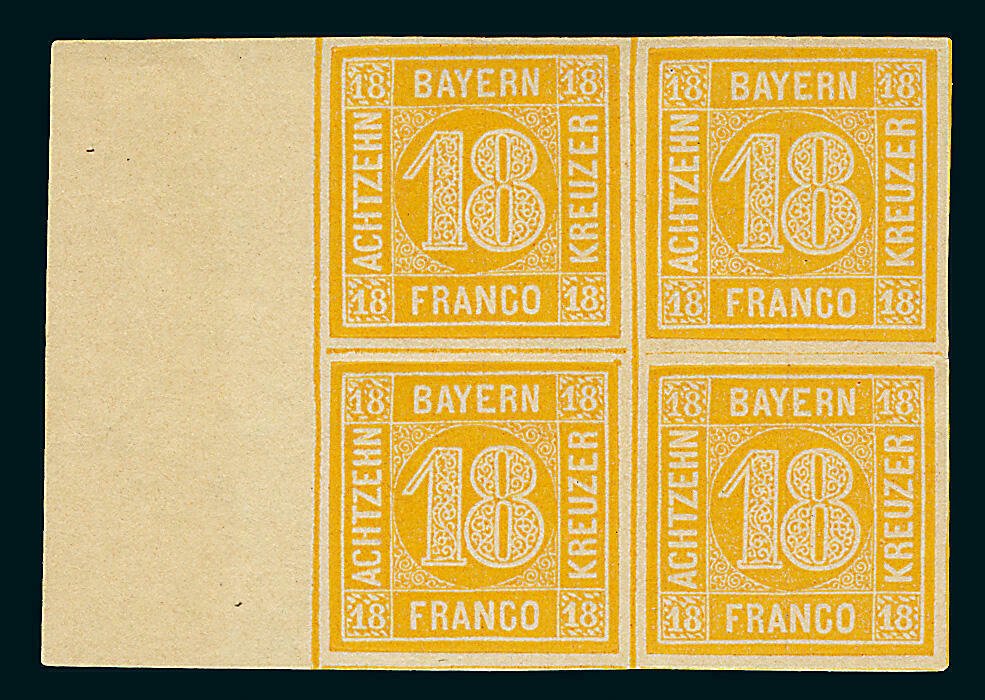 Bavière 1850 - 18 Kreuzer dans un bloc de quatre avec bordure de vel et certificat photo impeccable Sem. - Michel 7 #2.1