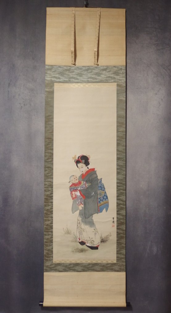 Hanging Scroll (Kakejiku) - Mother and Child - Hoai 芳靄 - Japan  (No Reserve Price) #1.0
