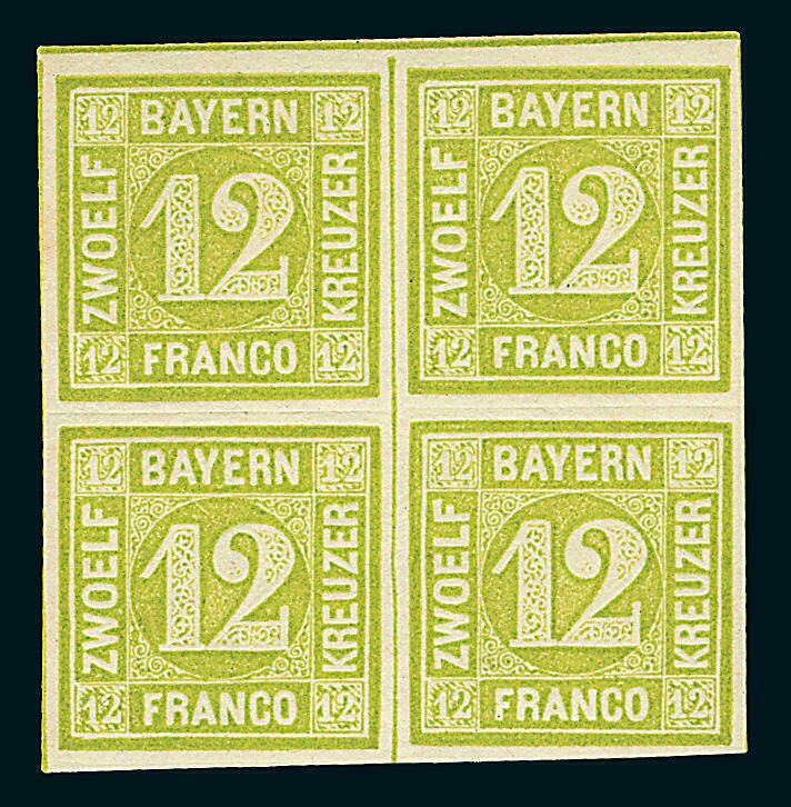 Bavaria 1862 - 12 kreuzer in a block of four - perfectly inspected Schmidt and certificate Brettl. - Michel 12 #1.0