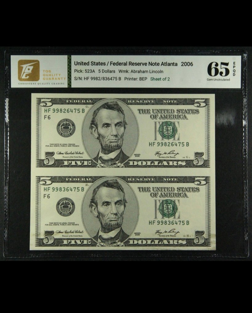 Ηνωμένες Πολιτείες Αμερικής. - 2 x 5 Dollars 2006 - Pick 523A - uncut sheet of 2  (χωρίς τιμή ασφαλείας) #1.0