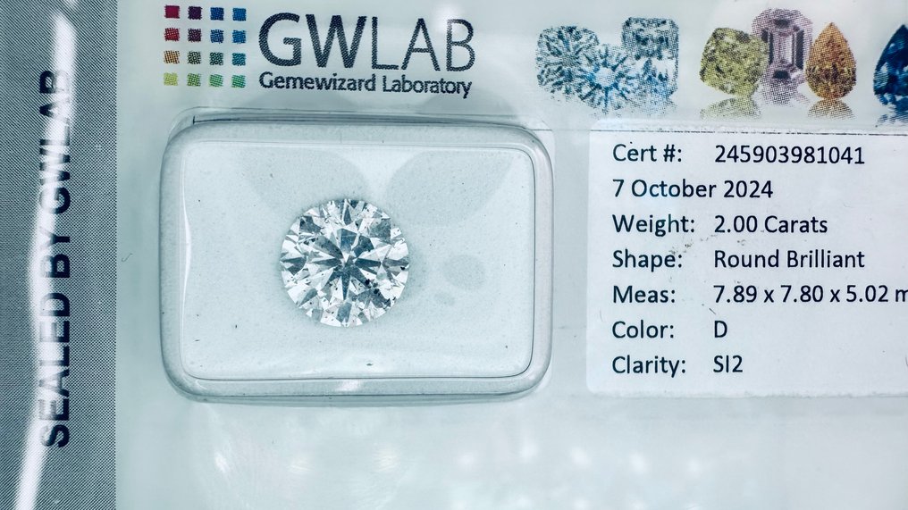 1 pcs 鑽石  (天然)  - 2.00 ct - 圓形 - D (無色) - SI2 - Gemewizard Gemological Laboratory (GWLab) - （自然 - VG/EX/EX） #2.1