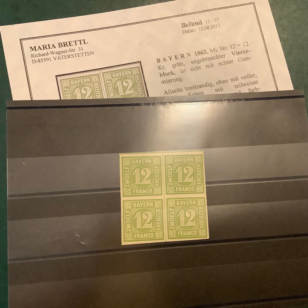 Bavaria 1862 - 12 kreuzer in a block of four - perfectly inspected Schmidt and certificate Brettl. - Michel 12 #1.0