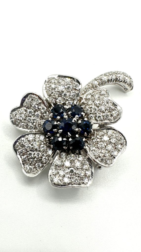胸針 - 18 克拉 白金 - 1.91ct. tw. 鉆石 (天然) - 藍寶石 #2.1