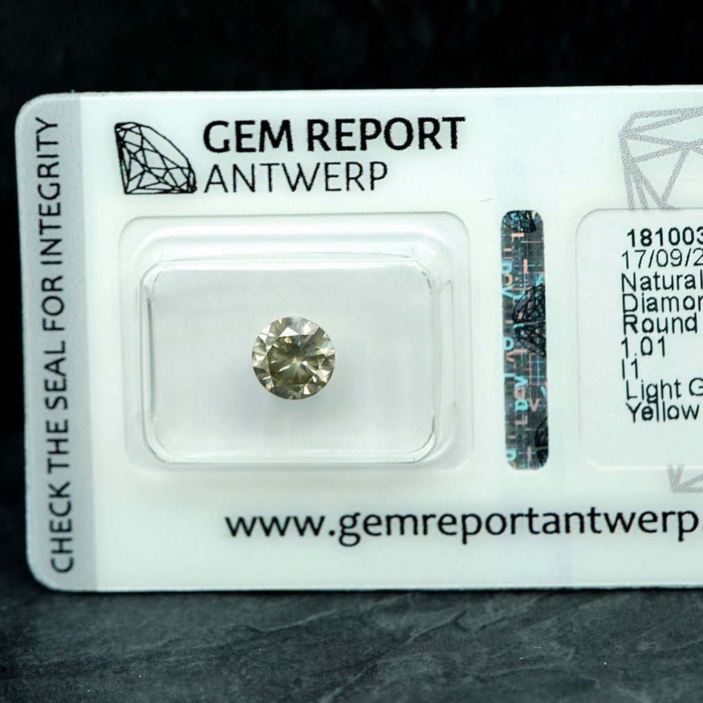1 pcs 鑽石  (天然彩色)  - 1.01 ct - 圓形 - Light 淡灰色 黃色 - I1 - Gem Report Antwerp (GRA) #3.2