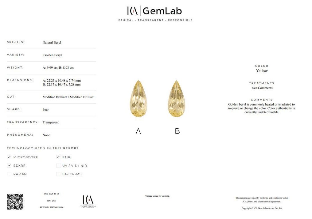 2 pcs  Κίτρινο Βηρύλλος  - 18.92 ct - Διεθνής Ένωση Έγχρωμων Πολύτιμων Λίθων (ICA GemLab) - Ζευγάρι Χρυσό βηρύλλιο #3.2
