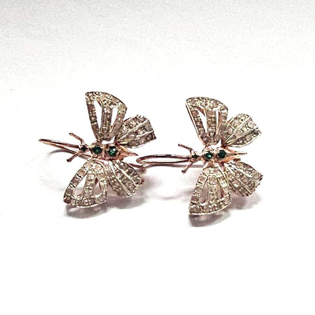 没有保留价 - 耳环 - 9 kt. 玫瑰金, 银 -  0.54ct. tw. 钻石 (天然)  - 祖母绿 #1.0