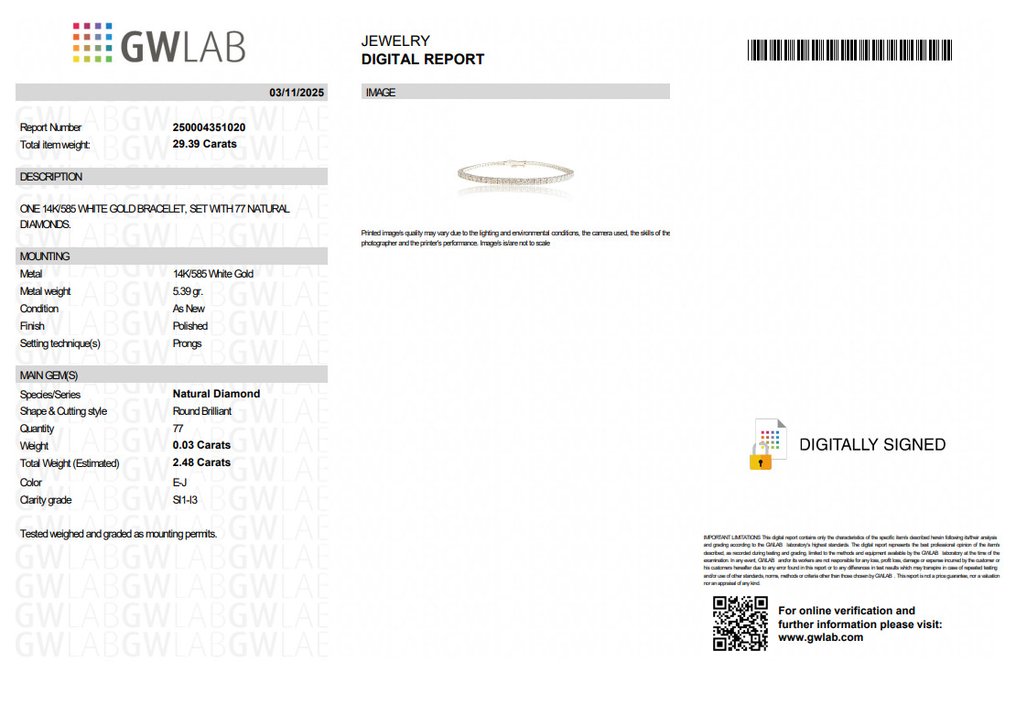 沒有保留價 - 手鈪 - 14 克拉 白金 - 2.48ct. tw. 鉆石 (天然) #2.1