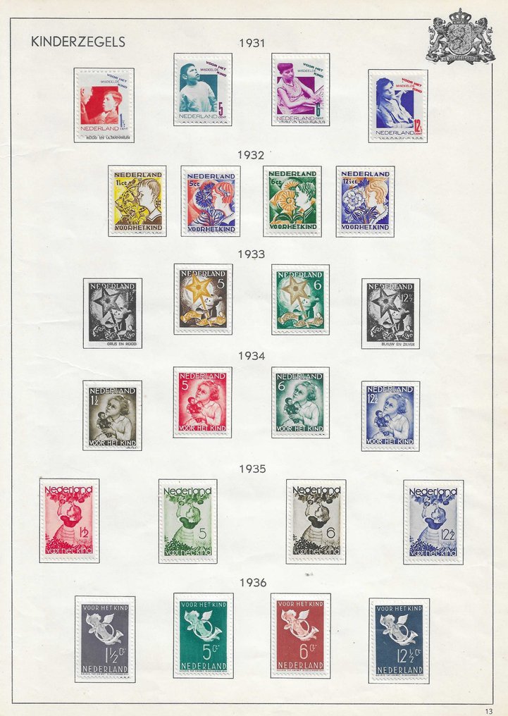 荷蘭 1929/1936 - 早期儿童邮票在相册页（1929-1936） #1.0