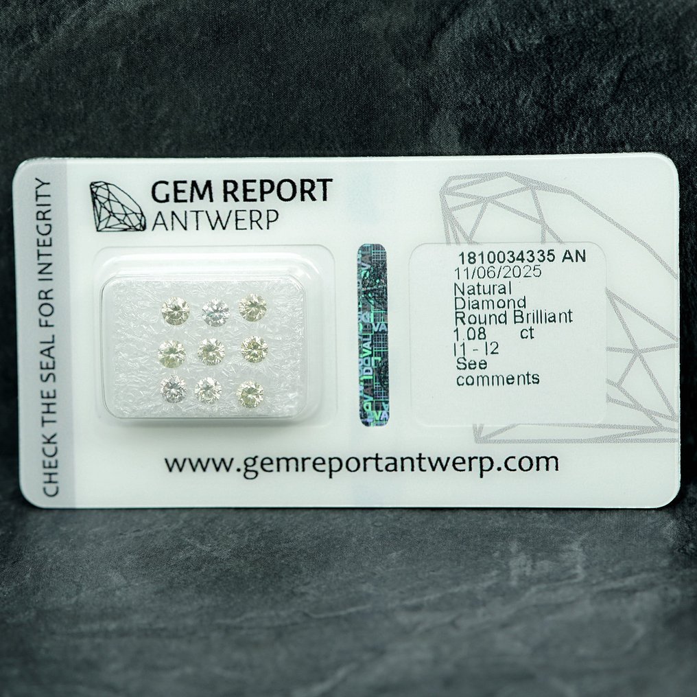 9 pcs Diamond (Natural) - 1.08 ct - Round - I1, I2 - Gem Report Antwerp (GRA) #1.0