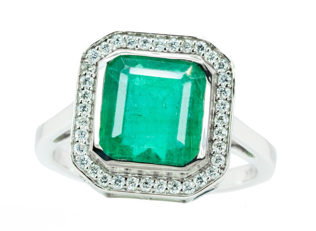 戒指 - 14 克拉 白金, 鲜明/深绿（赞比亚） -  4.13ct. tw. 祖母綠 - 鉆石 - 0.38 克拉 #1.0