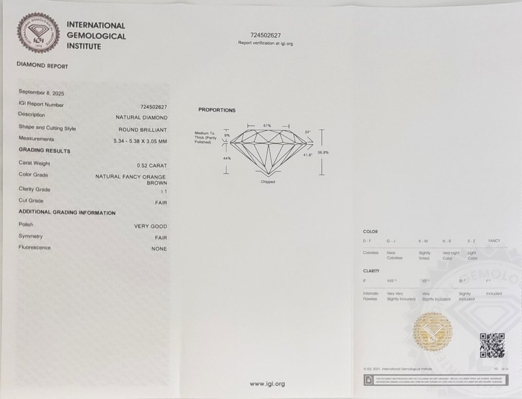 没有保留价 - 1 pcs 钻石 (天然色彩的) - 0.52 ct - 圆形 - Fancy 橙色 棕色 - I1 内含一级 - 国际宝石研究院(IGI) #4.3