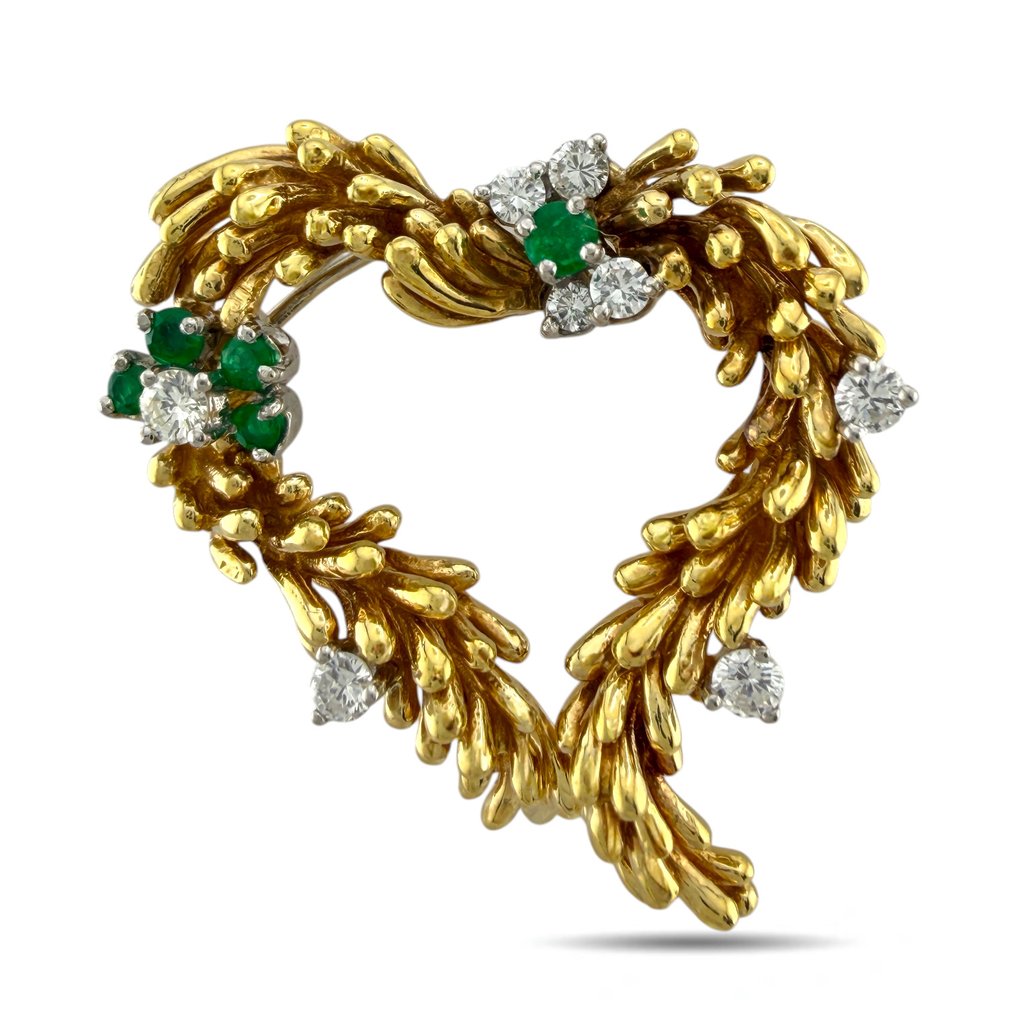 Bross - 18 kt. Sárga arany, Exkluzív 18K sárga arany szív alakú smaragd és 0,48 karátos gyémánt brossén. - 0.48ct. tw. Gyémánt (Természetes) #1.0