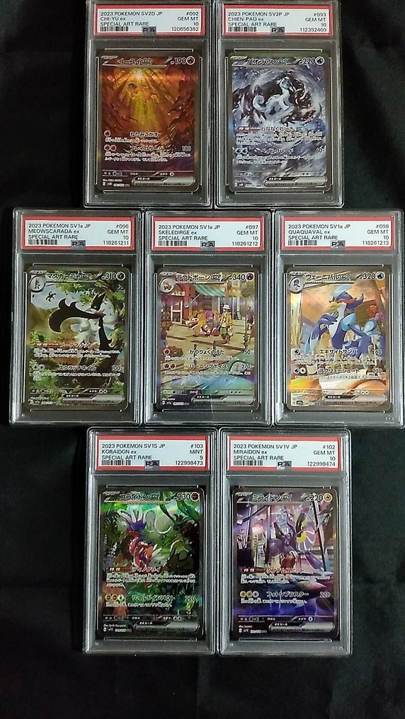 Pokémon - 7 Graded card - Chi-Yu,Chien-Pao,Meowscarada,Skeledirge,Quaquaval,Koraidon,Miraidon Foil, Full art - PSA 10 - Scarlet & Violet - SV2D - Graded card + handtekening op de slab #1.0