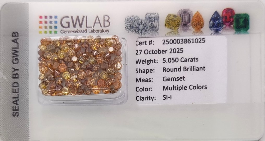 No reserve price - 90 pcs Diamond (Natural coloured) - 5.05 ct - Round Mixed colours - I1, SI1 - Gemewizard Gemological Laboratory (GWLab) #1.0
