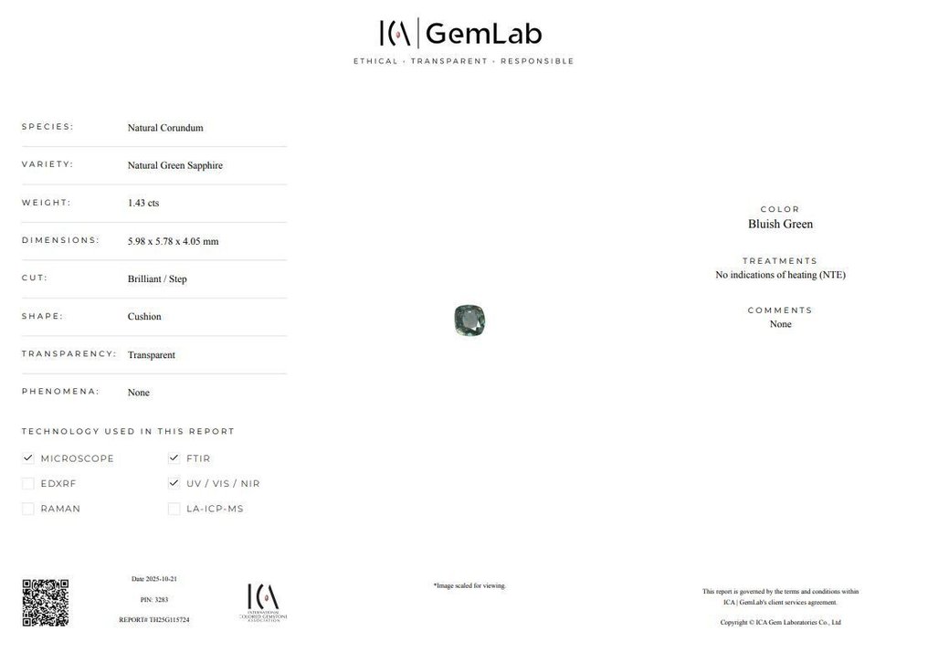 Fără preț de rezervă - 1 pcs Albastru, Verde Safir - 1.43 ct - Asociația internațională de pietre prețioase colorate (ICA GemLab) #3.2