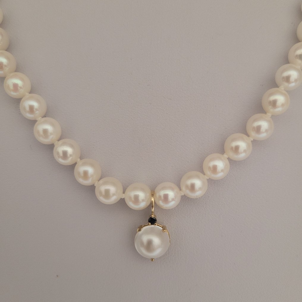 没有保留价 - 吊坠项链 - 18K包金 黄金 珍珠 - 蓝宝石 - Akoya #1.0