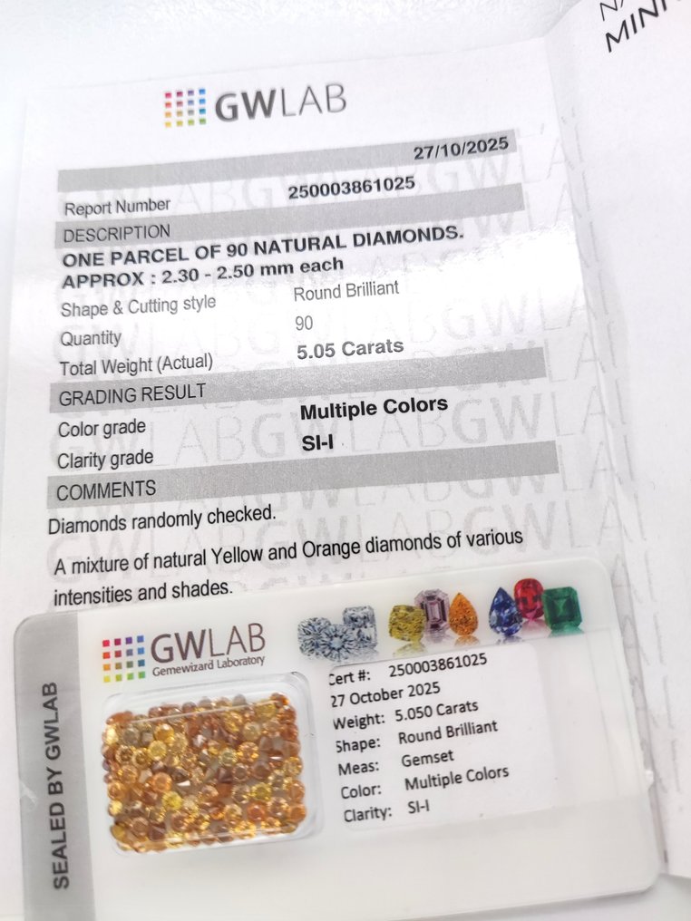 No reserve price - 90 pcs Diamond (Natural coloured) - 5.05 ct - Round Mixed colours - I1, SI1 - Gemewizard Gemological Laboratory (GWLab) #2.1