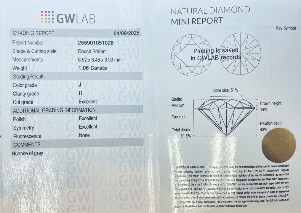 χωρίς τιμή ασφαλείας - 1 pcs Διαμάντι  (Φυσικό)  - 1.06 ct - Στρογγυλό - J - I1 - Gemewizard Gemological Laboratory (GWLab) #2.1