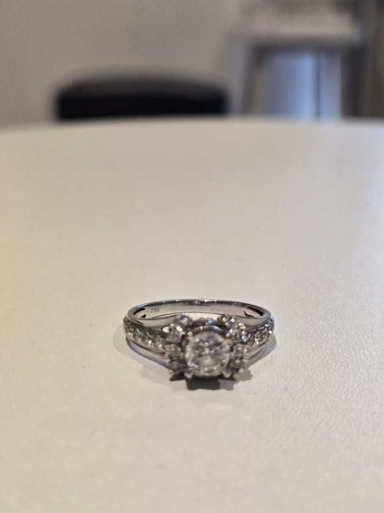 订婚戒指 - 18K包金 白金 钻石 (天然色彩的) - 钻石 #1.0