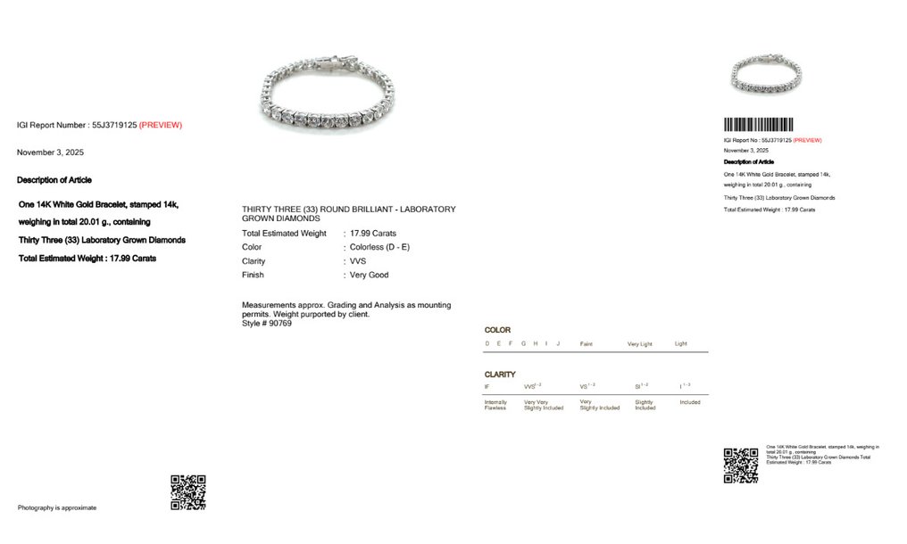 沒有保留價 - 網球手鍊 - 14 克拉 白金 -  17.99ct. tw. 鉆石 (實驗室培育) - D-E VVS #3.2