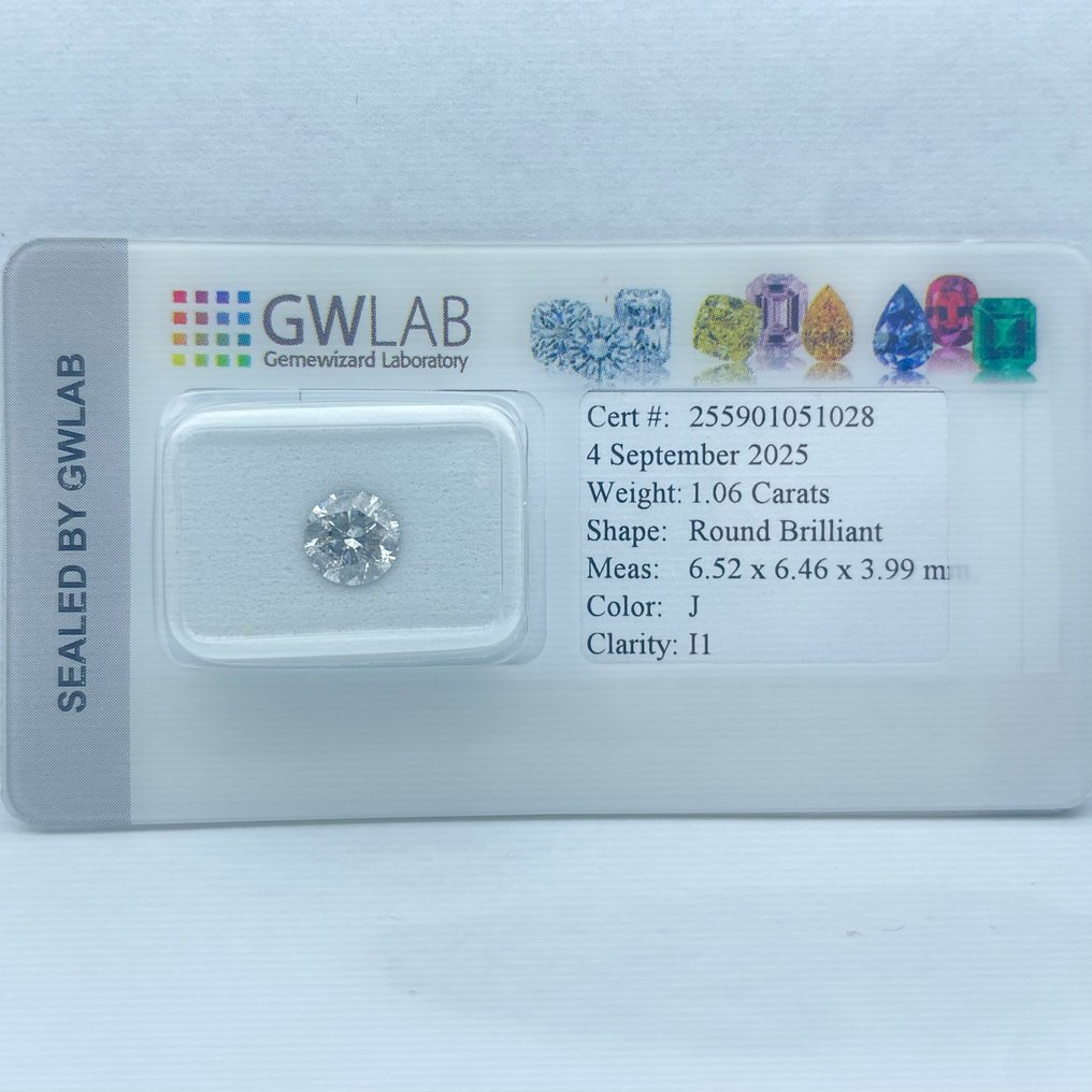 χωρίς τιμή ασφαλείας - 1 pcs Διαμάντι  (Φυσικό)  - 1.06 ct - Στρογγυλό - J - I1 - Gemewizard Gemological Laboratory (GWLab) #4.3