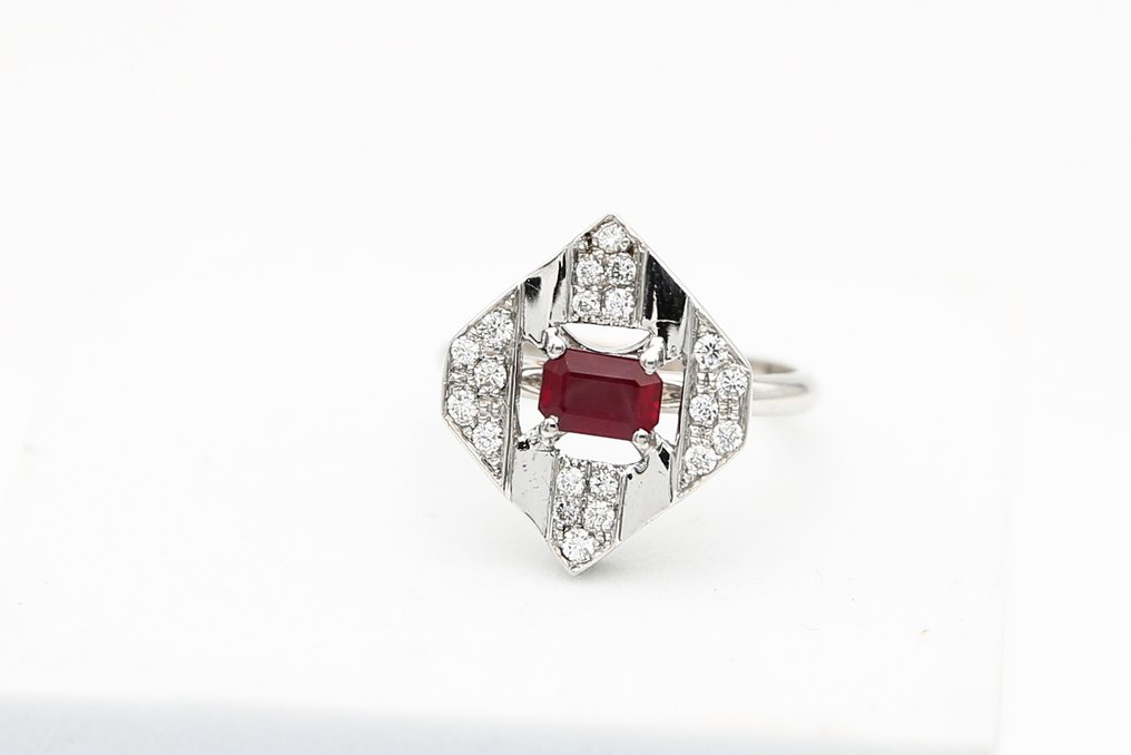 戒指 - 18 克拉 白金 鉆石 (天然) - 紅寶石 #1.0