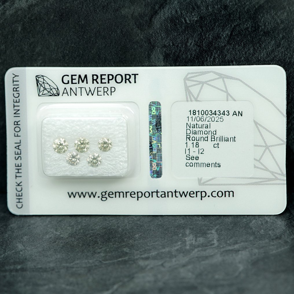 5 pcs Diamante (Natural) - 1.18 ct - Redondo - I1, I2 - Gem Report Antwerp (GRA) #1.0