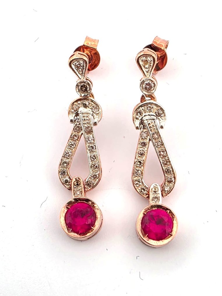 没有保留价 - 耳环 - 10 kt. 银, 玫瑰金 红宝石 - 钻石 #1.0