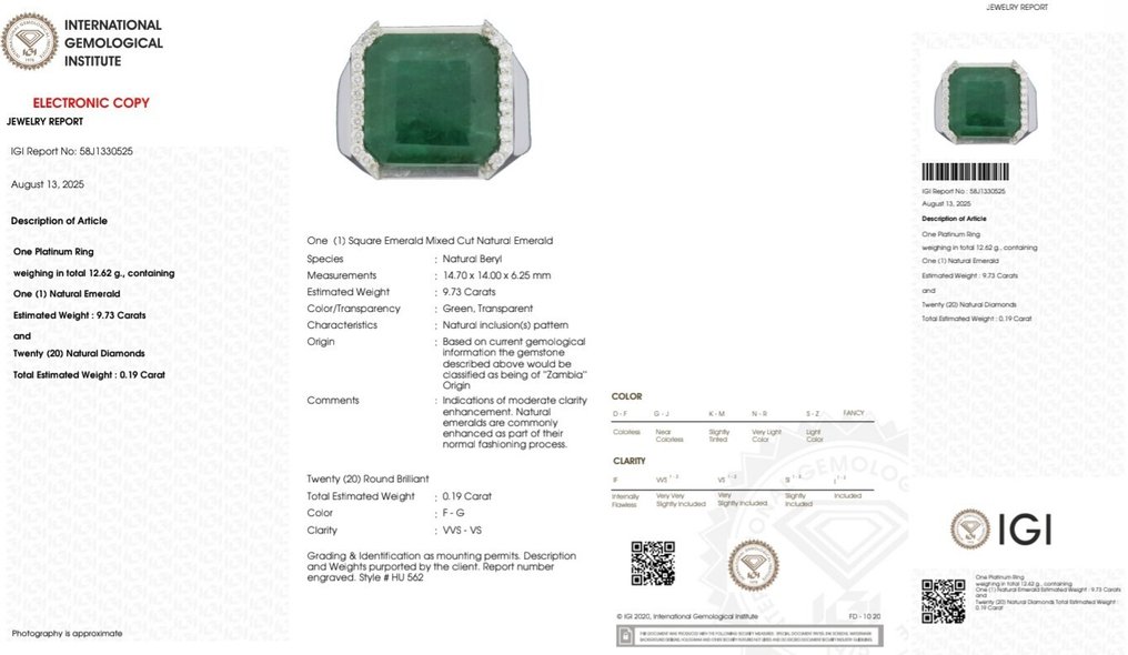 Sormus Platina - 9.92ct. tw. Smaragdi - Timantti #2.1