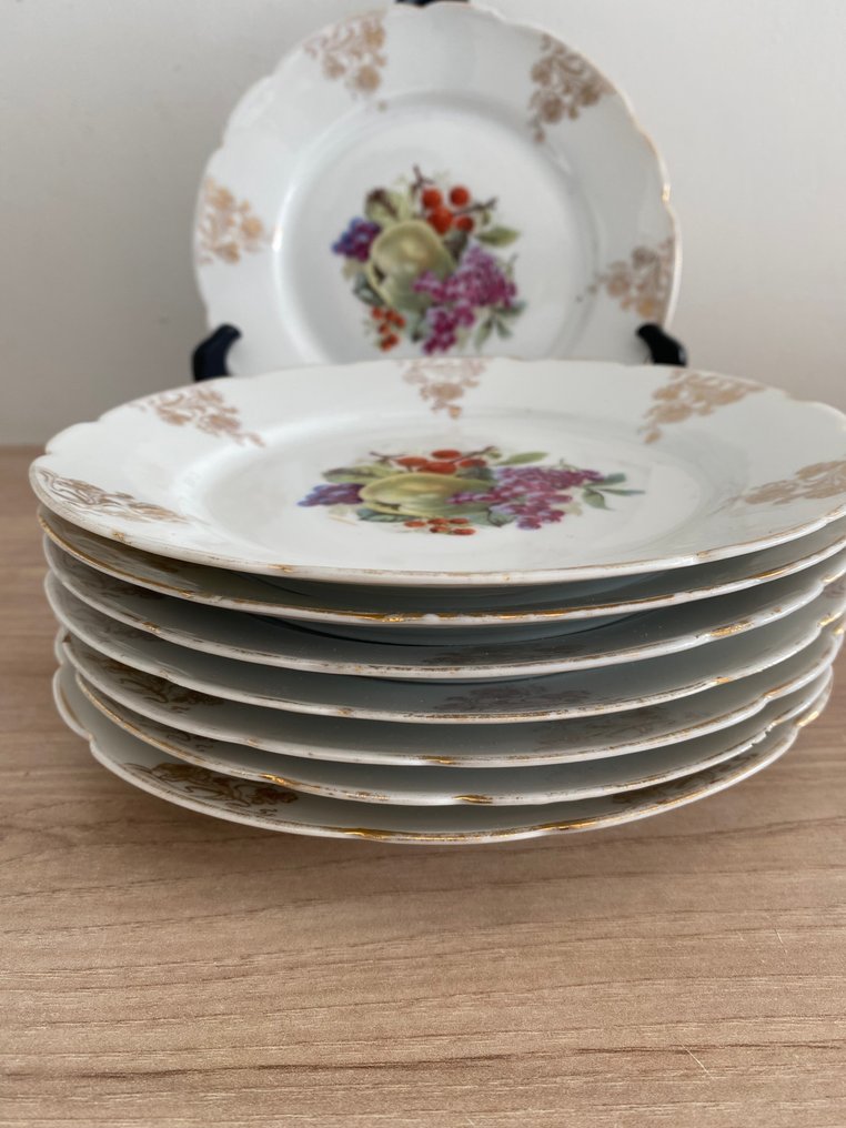Limoges - Serviço de sobremesa (8) - Porcelana - Prato de sobremesa com frutas #1.0