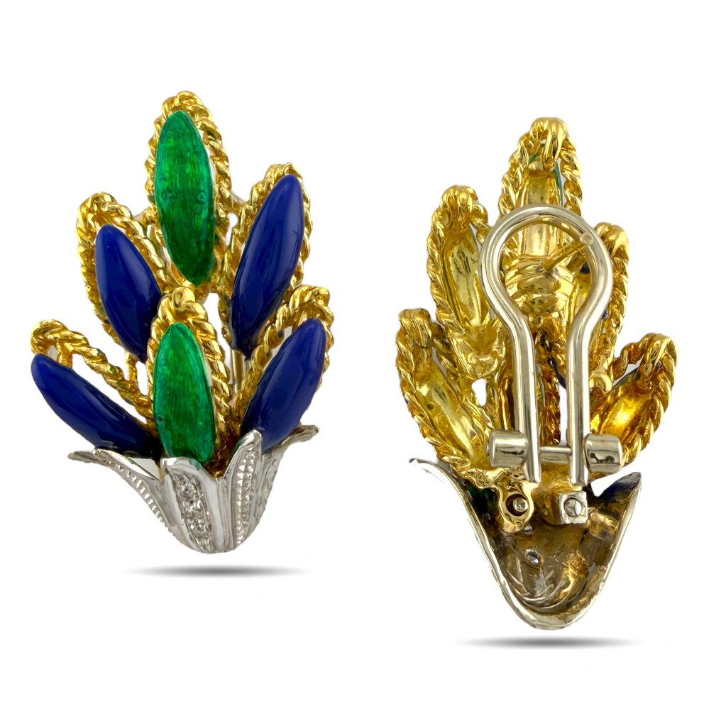 Drop fülbevaló - 18 kt. Exkluzív 18K sárga és fehér arany kék és zöld zománc gyémánt fülbevalók., Sárga arany, Fehér arany - 0.06ct. tw. Gyémánt (Természetes) #4.3