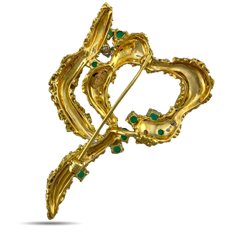 Bross - 18 kt. Sárga arany, Exkluzív 18K sárga arany 0,27ct smaragd és 0,24ct gyémánt texturált kitűző - 0.24ct. tw. Gyémánt (Természetes) - Smaragd #3.2