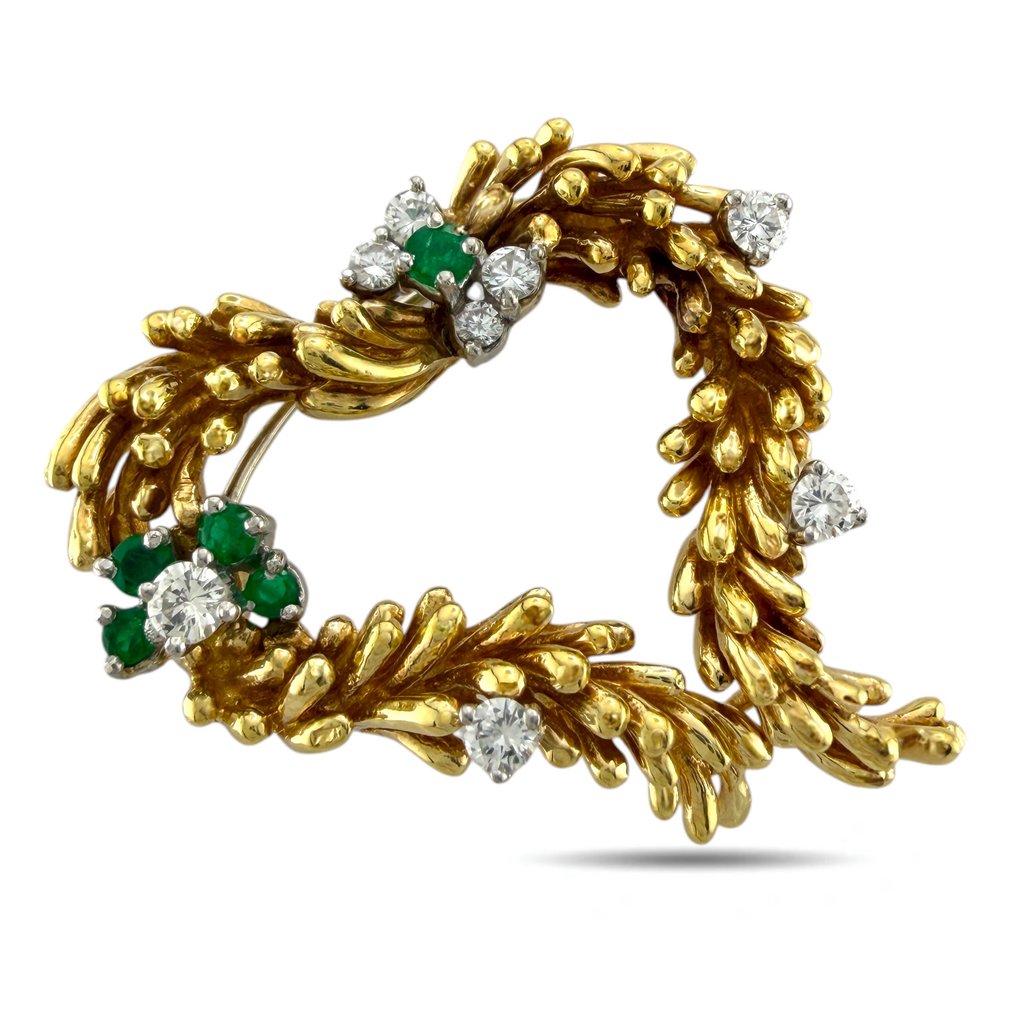 Bross - 18 kt. Sárga arany, Exkluzív 18K sárga arany szív alakú smaragd és 0,48 karátos gyémánt brossén. - 0.48ct. tw. Gyémánt (Természetes) #2.1