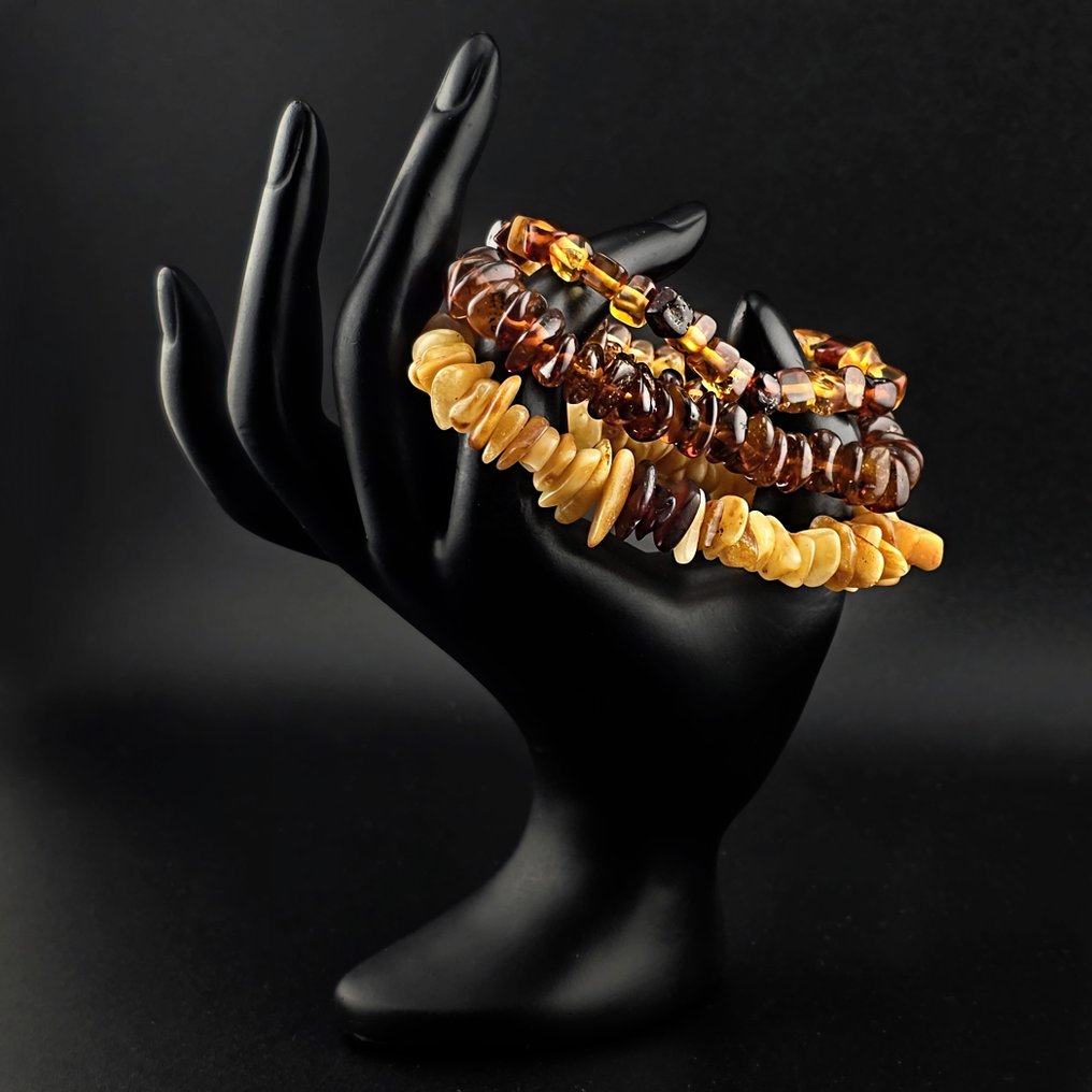 Τρίο βραχιόλια από φυσικό κεχριμπάρι – Μεικτοί πολύτιμοι λίθοι σε χρυσές και κερασί αποχρώσεις. - Κεχριμπάρι  (χωρίς τιμή ασφαλείας) #2.1