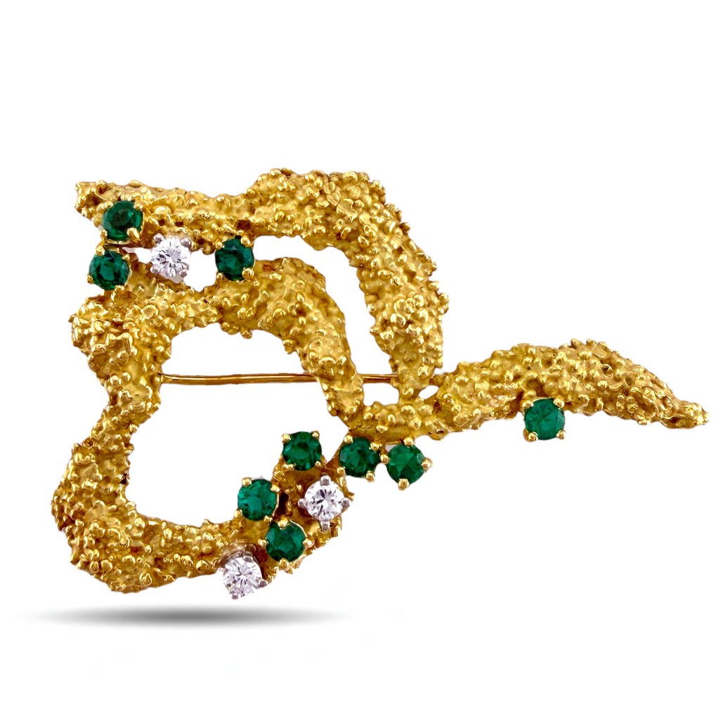 Bross - 18 kt. Sárga arany, Exkluzív 18K sárga arany 0,27ct smaragd és 0,24ct gyémánt texturált kitűző - 0.24ct. tw. Gyémánt (Természetes) - Smaragd #1.0