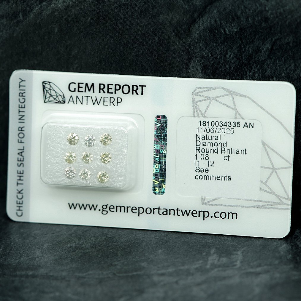 9 pcs Diamond (Natural) - 1.08 ct - Round - I1, I2 - Gem Report Antwerp (GRA) #4.3