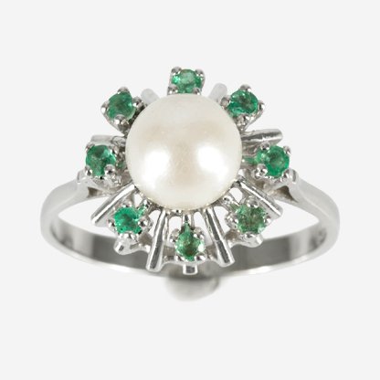 Zonder minimumprijs - Designer jewellery - Ring - Akoyaperle Ø 7,2 mm Hauszertifikat - 14 karaat Witgoud - 0.80ct. tw. Smaragd - Parel #1.0