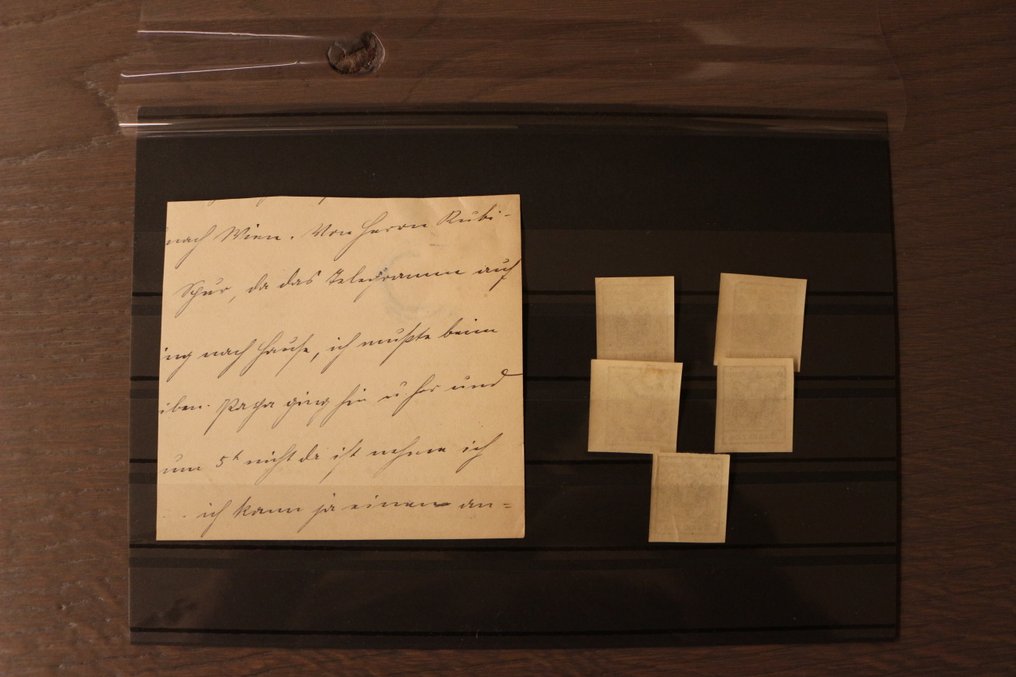 Austria 1850 - 6x Michel 2 (2 Kreuzer black) - of which 1x on a piece of mail. #1.0