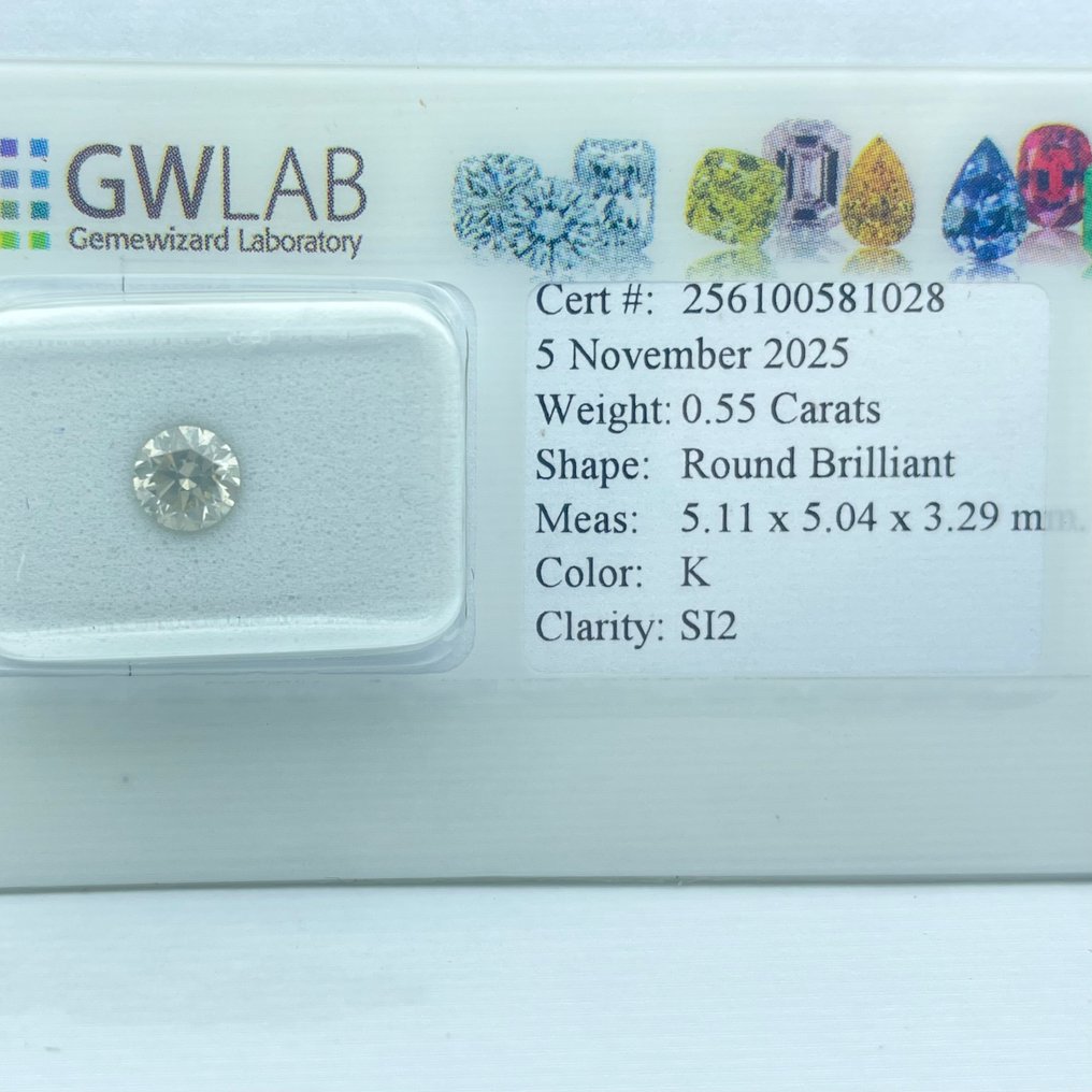 No Reserve Price - 1 pcs Diamond  (Natural)  - 0.55 ct - Round - K - SI2 - Gemewizard Gemological Laboratory (GWLab) #1.0
